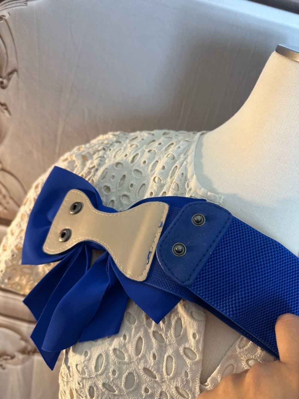 White Eyelet Maxi Dress with Royal Blue Bow Belt - Picture 14 of 14